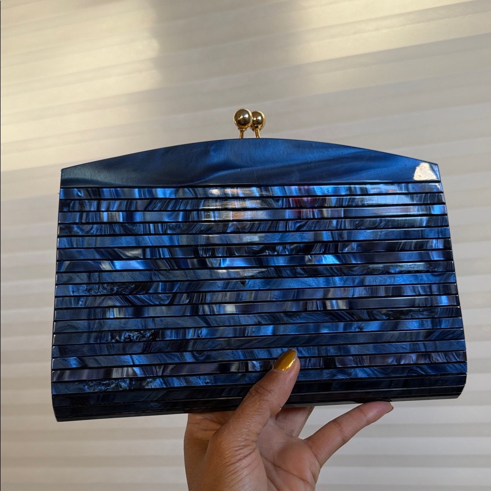Vintage Blue Lucite Clutch Mother of Pearl Effect Hard Case Evening Bag - Picture 8 of 15